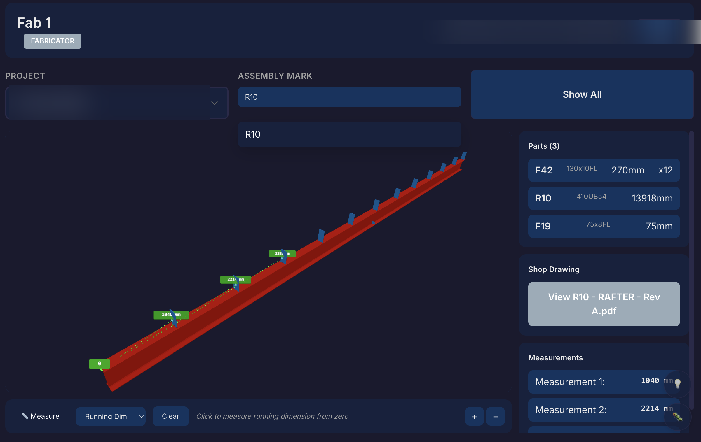 Fifteen54 assembly detail — CR10 rafter with parts list, 3D measurement, and linked shop drawings
