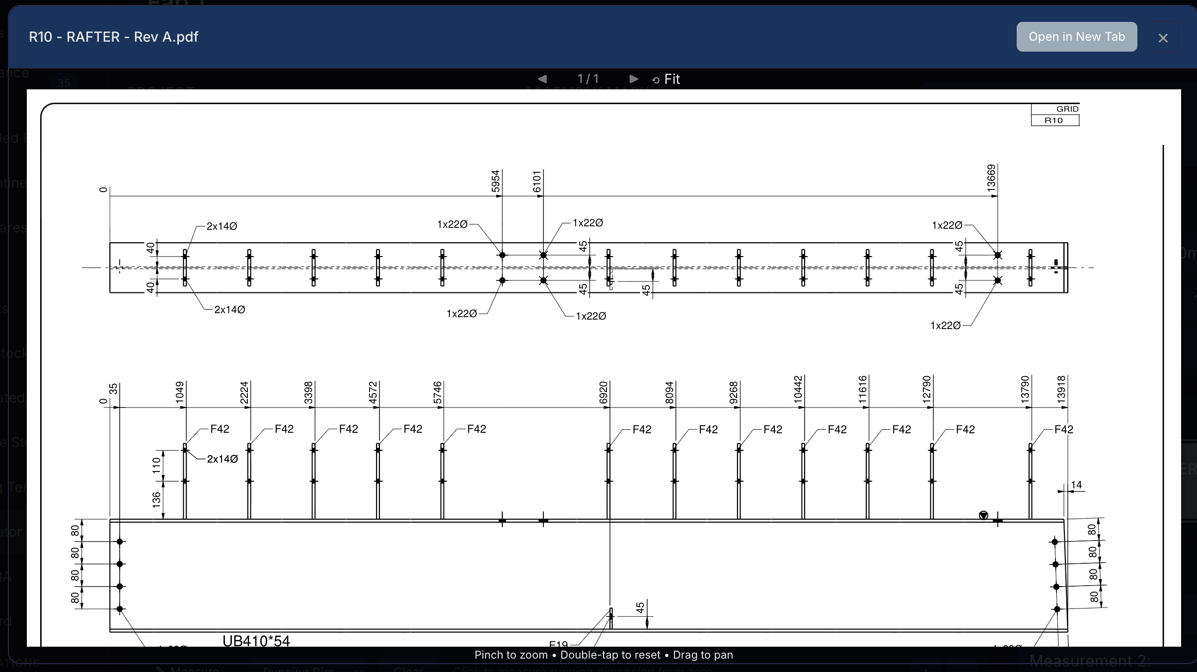 Fifteen54 drawing viewer — current revision shop drawing accessed directly from the 3D model