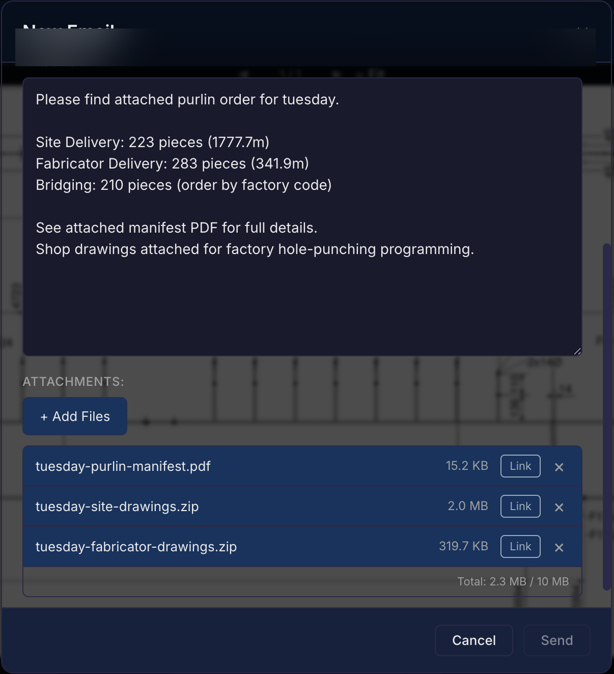 Fifteen54 ordering — automated email with manifest PDF and shop drawings attached